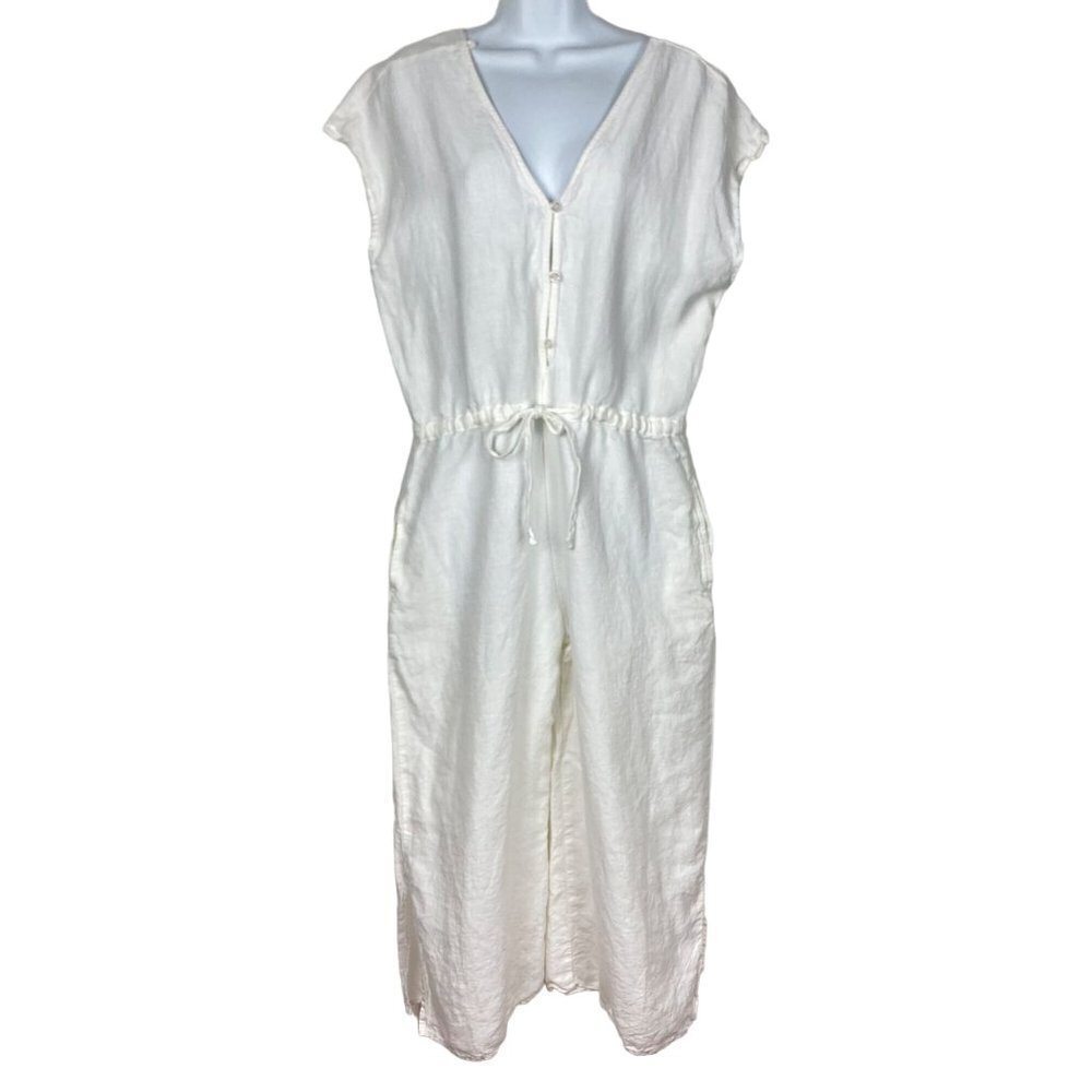Cloth & Stone Linen Cropped Jumpsuit Womens Small White V Neck Coastal Beachy